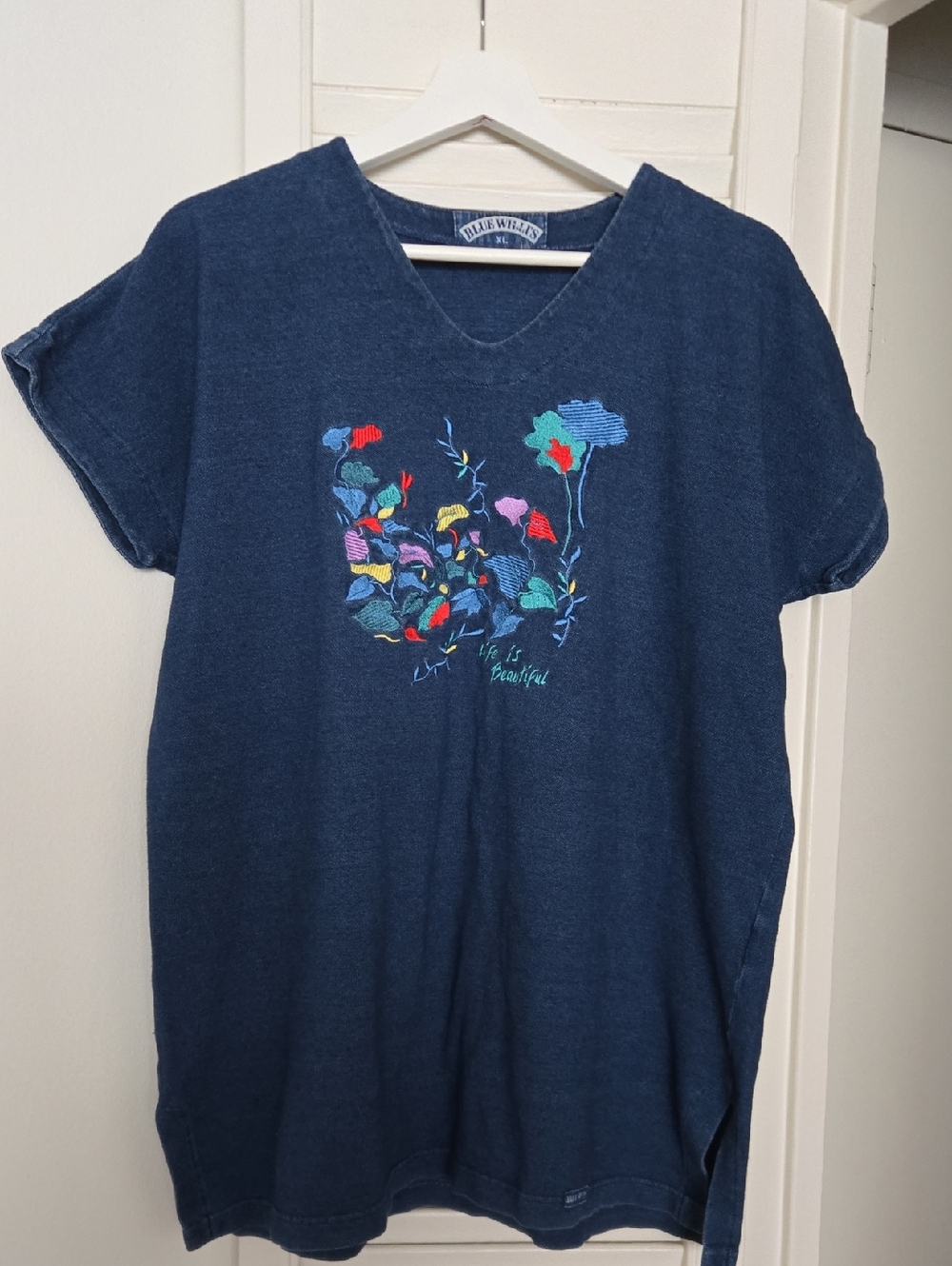 Blue Willi's Navy Indigo Cotton Embroidered Floral V-Neck Top Made In Denmark XL